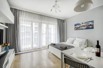 Telewizja i/lub zestaw kina domowego w obiekcie Klimatyzowane Apartamenty Studio Mennica Residence